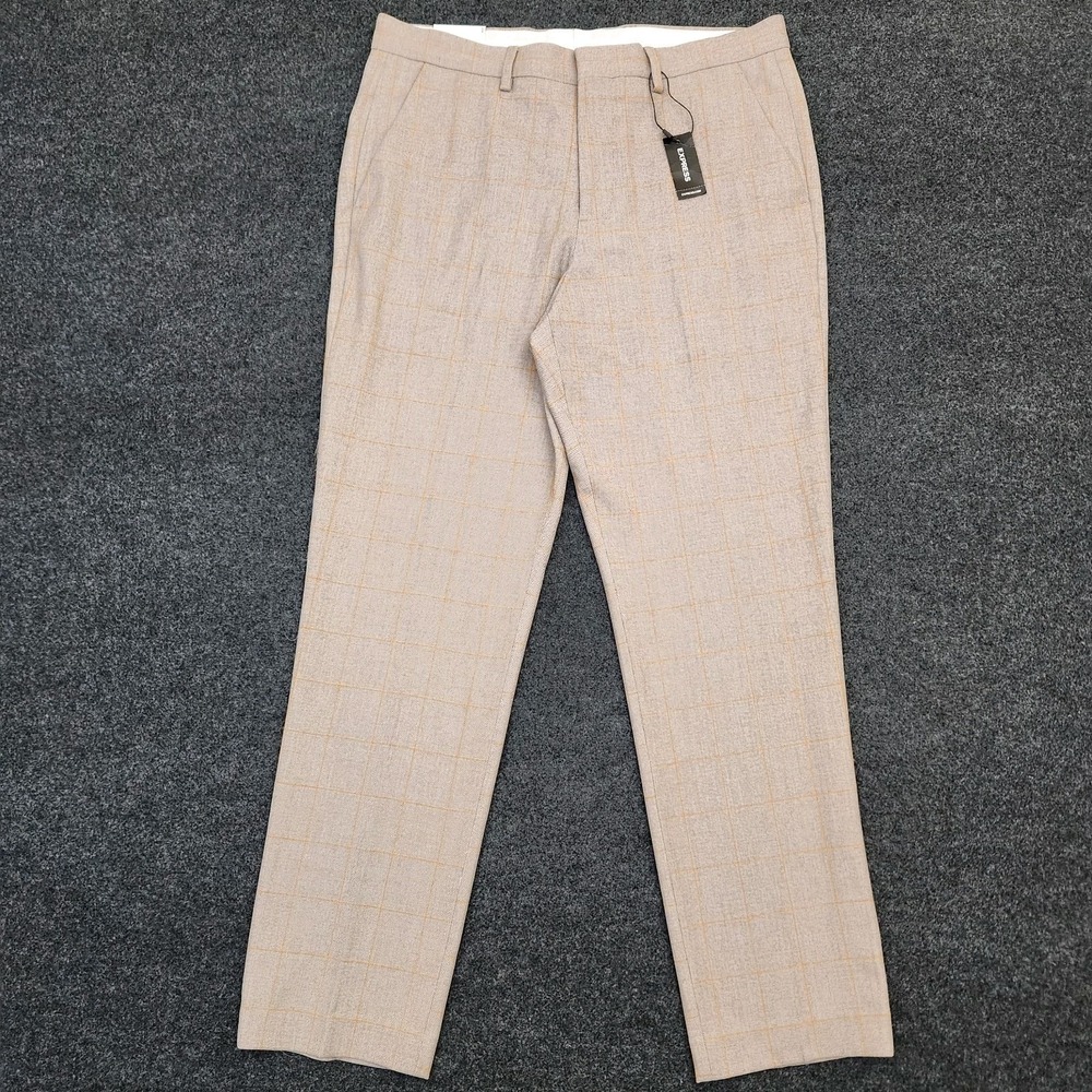 Express Mens 32×32 Extra Slim Tan Windowpane Plaid Dress Pants Old Money Smart